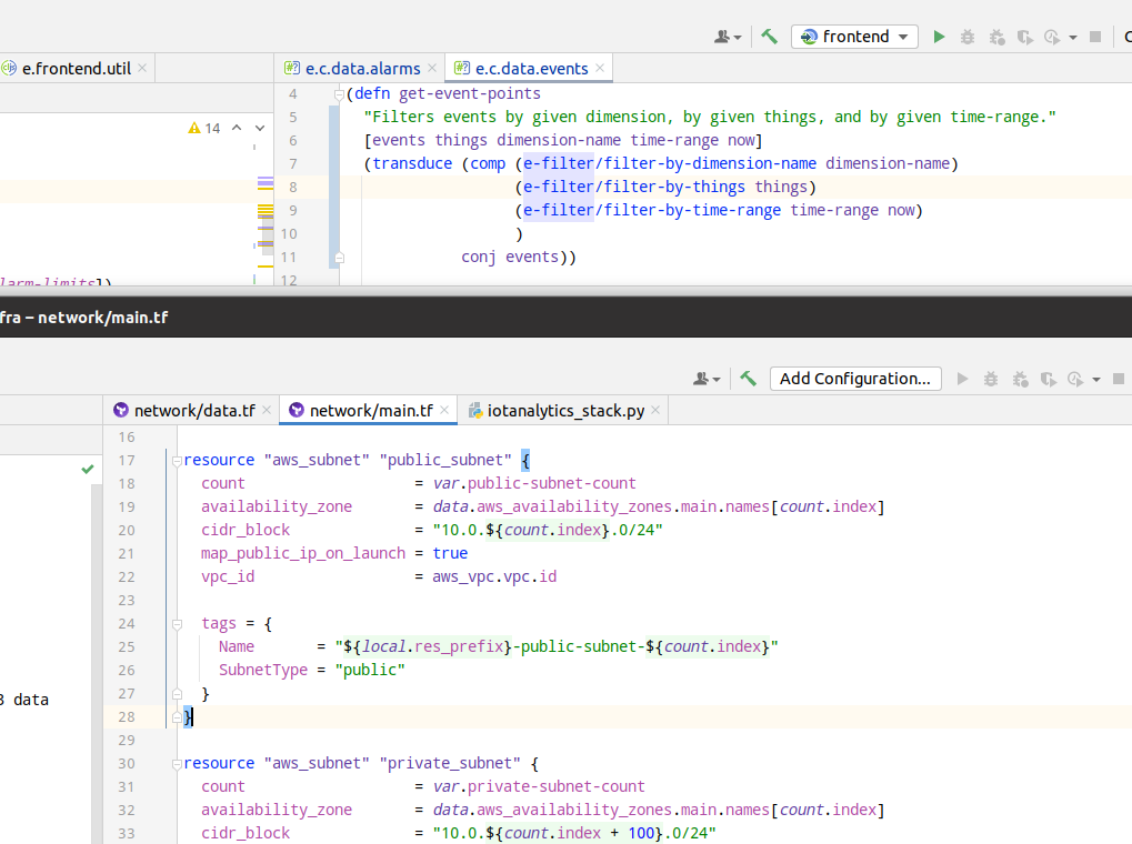 Infra code and Clojure/script full-stack app code