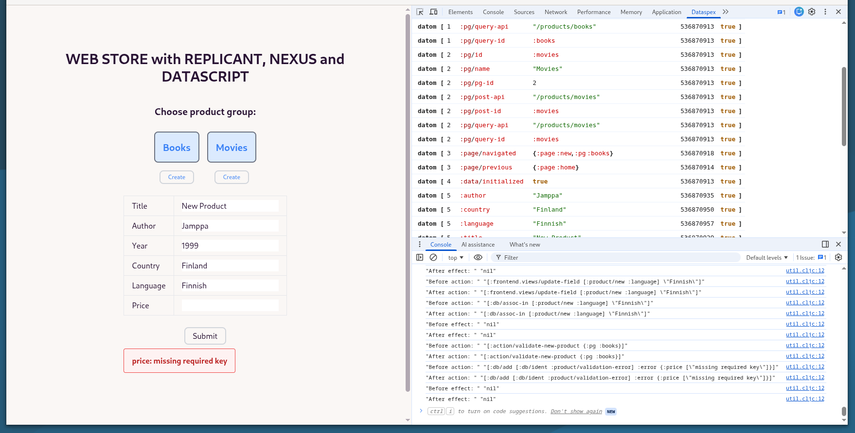 Web app implemented using Replicant and Nexus, showing Dataspex tool